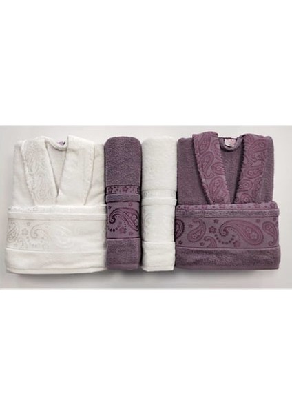 Unisex Pudra Krem Jakarlı 6 Parça BORNOZ SETI