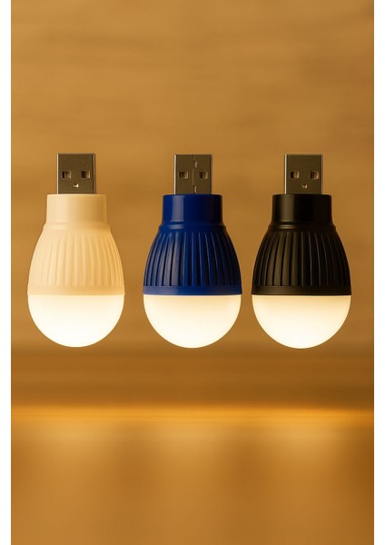 3’lü USB Mini Gece Lambası Seti – Beyaz Işık Kompakt Ampul (5V - 1.5W)