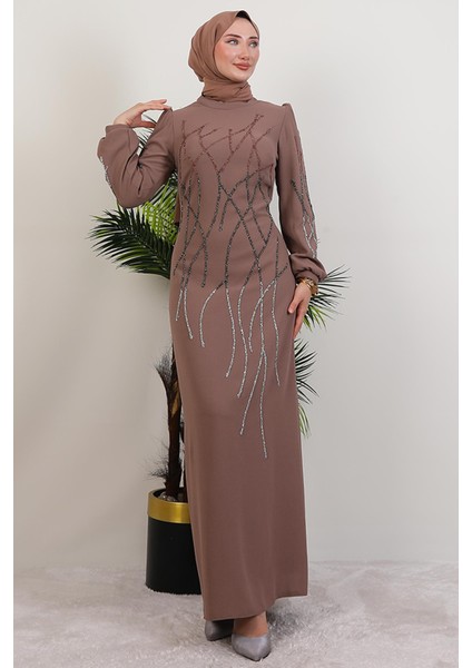 Yase Taşlı Elbise Gül Kahve