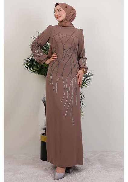 Yase Taşlı Elbise Gül Kahve modelleri