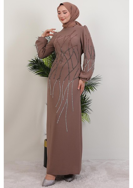 Yase Taşlı Elbise Gül Kahve fırsatları