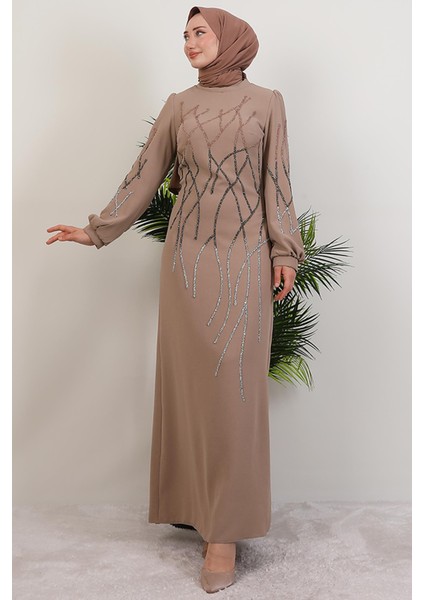 Yase Taşlı Elbise Bej