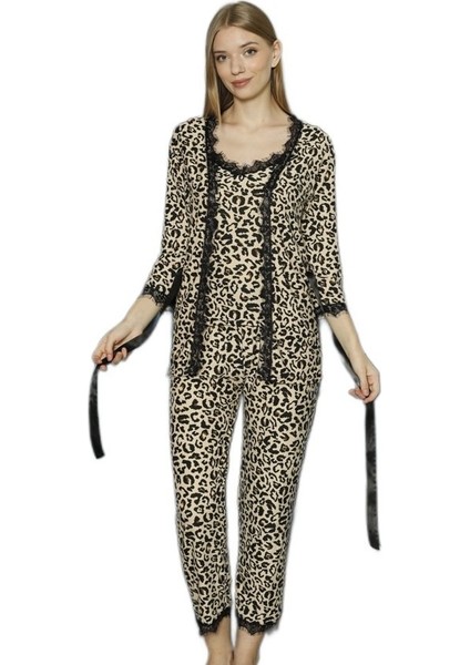 Leopar Şıklığıyla 3’lü Set Pamuklu Kadın Pijama Takımı fiyatları