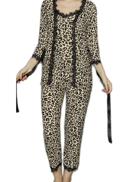 Leopar Şıklığıyla 3’lü Set Pamuklu Kadın Pijama Takımı modelleri