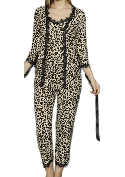 Leopar Şıklığıyla 3’lü Set Pamuklu Kadın Pijama Takımı fırsatları