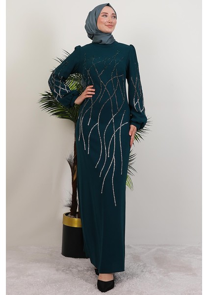 Yase Taşlı Elbise Zümrüt