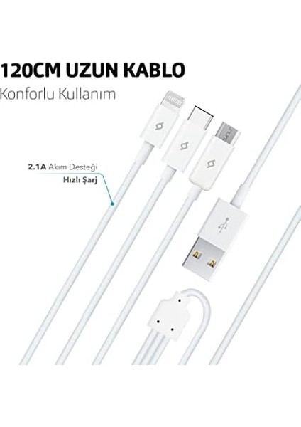 Trio Type-C-Lightning-Micro USB 120CM Şarj Kablosu, Siyah fiyatları