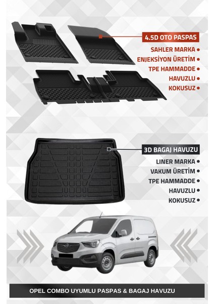 Opel Combo E 2019+ Uyumlu 4.5d Premium Havuzlu Oto Paspas ve Liner Marka 3D Bagaj Havuzu