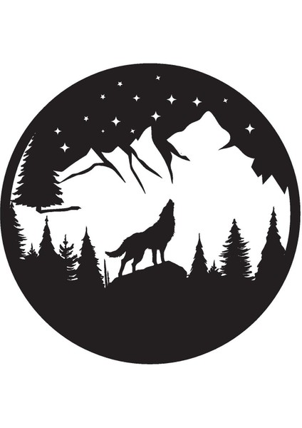 Gece Bozkurt ve Dağlar Duvar Dekor Sticker 40 x 40 cm