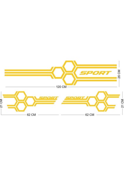 Oto Kaput-Marşpiyel Sticker 3 Parça Sarı 120 x 26 CM/1ADET - 62 x 21 Cm/2 Adet