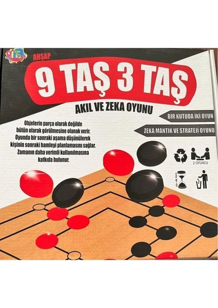 Edkzeka Ahşap 9 Taş 3 Taş Zeka Akıl Mantık Strateji Oyunları 1 Kutu 2oyun