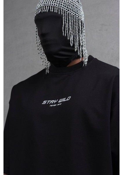 Siyah Oversize Baskılı Tişört – Stay Wild modelleri