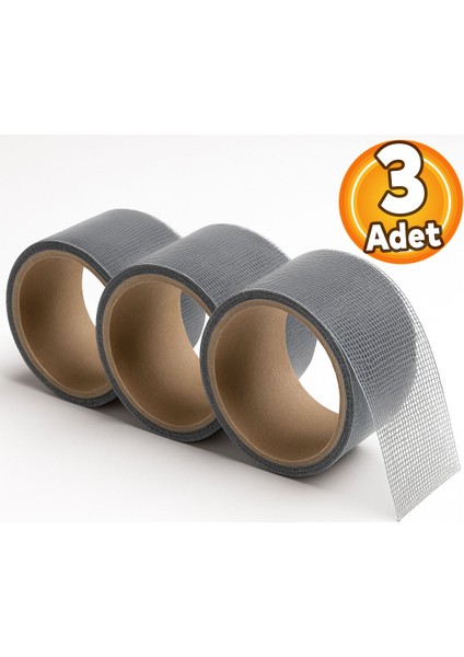 48 mm x 2 Metre (3 Adet) Yapışkanlı Sineklik Tülü Tamir Bandı Yaması Bantı Kopmuş Delik Fiber Tül Yapıştırma Gri