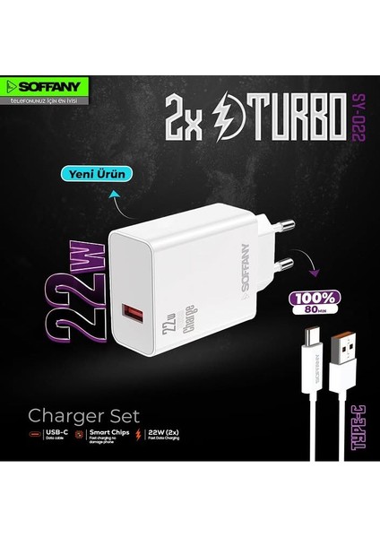 SY-022-01 2x Turbo 22W Şarj Seti, Şarj Cihazı ve Kablo, Adaptör ve Kablo, Usb-A To Type-C