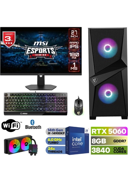 Şafak – Gaming Pc Ddr5 – 27”180HZ 1ms -Rtx 5060 8gb – Intel I9 14900KF – 32GB -64GB Ddr5 Ram – 1 Tb M.2 SSD – Klavye Mouse – Sıvı Sogutma