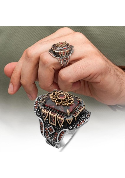 Kırmızı Taşlı Çiçek Motifli 925 Gümüş Yüzük Erkek