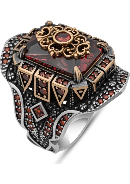 Kırmızı Taşlı Çiçek Motifli 925 Gümüş Yüzük Erkek fiyatları