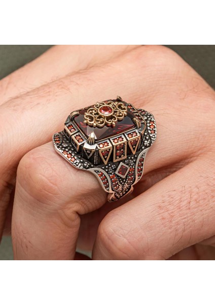 Kırmızı Taşlı Çiçek Motifli 925 Gümüş Yüzük Erkek modelleri