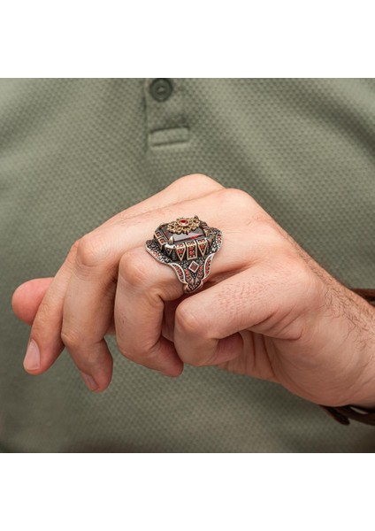 Kırmızı Taşlı Çiçek Motifli 925 Gümüş Yüzük Erkek fırsatları