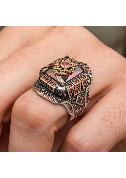 Kırmızı Taşlı Çiçek Motifli 925 Gümüş Yüzük Erkek indirimleri