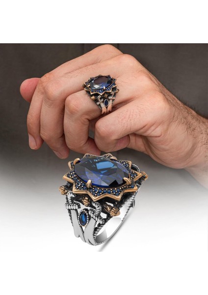 Kılıç Motif Lacivert Taşlı 925 Ayar Erkek Gümüş Yüzük