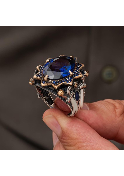 Kılıç Motif Lacivert Taşlı 925 Ayar Erkek Gümüş Yüzük modelleri