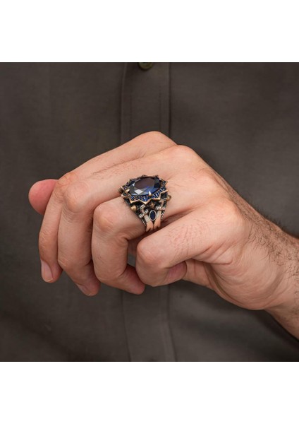 Kılıç Motif Lacivert Taşlı 925 Ayar Erkek Gümüş Yüzük indirimleri