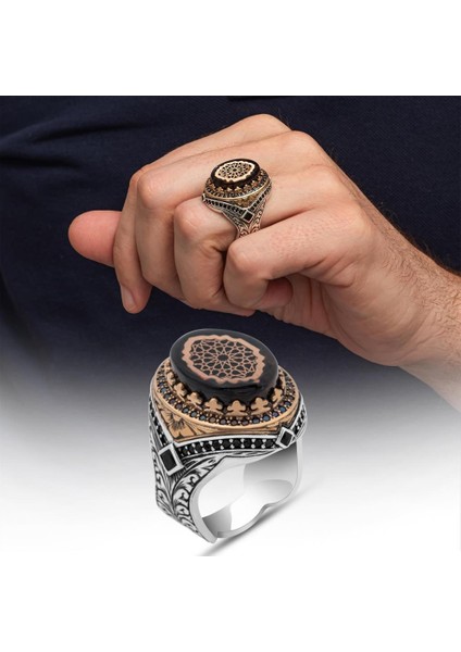 Sıkma Kehribar Taşlı 925 Erkek Gümüş Yüzük