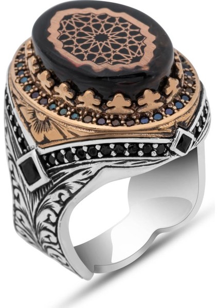 Sıkma Kehribar Taşlı 925 Erkek Gümüş Yüzük fiyatları