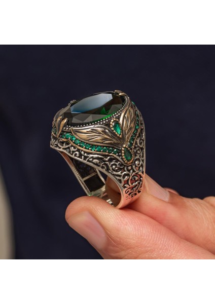 Oval Yeşil Taşlı Yaprak Model 925 Erkek Gümüş Yüzük indirimleri
