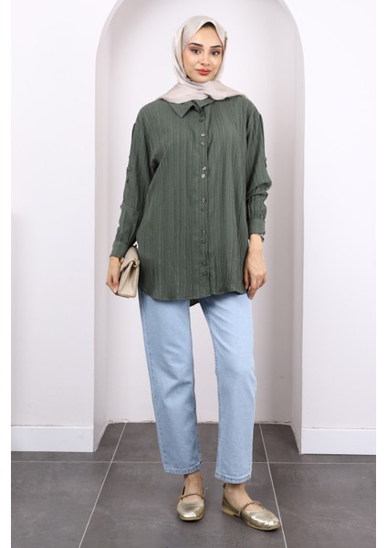 Haki Kol Detaylı Gömlek