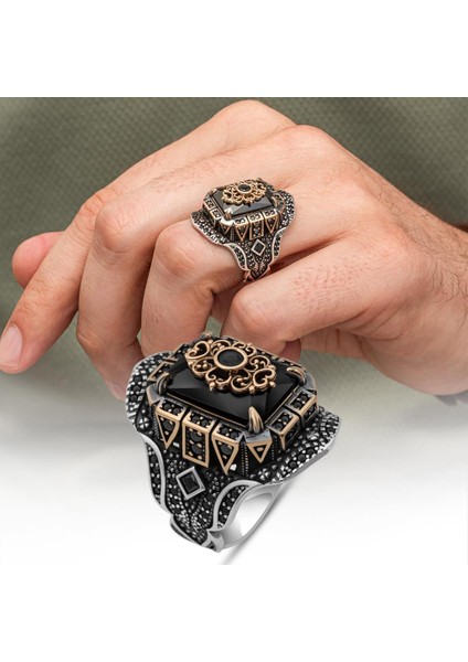 Siyah Taşlı Çiçek Motifli 925 Gümüş Yüzük Erkek