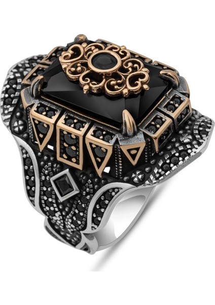 Siyah Taşlı Çiçek Motifli 925 Gümüş Yüzük Erkek fiyatları