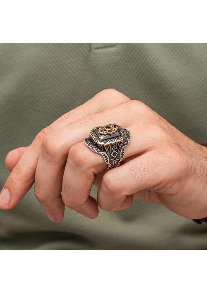 Siyah Taşlı Çiçek Motifli 925 Gümüş Yüzük Erkek fırsatları