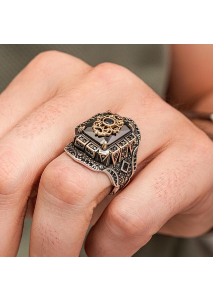 Siyah Taşlı Çiçek Motifli 925 Gümüş Yüzük Erkek indirimleri
