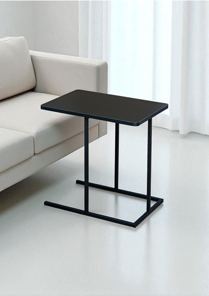 Dekoratif Siyah Metal Yan Sehpa Ahşap Raflı Koltuk Yanı Servis Sehpası Çok Amaçlı Zigon C Sehpa