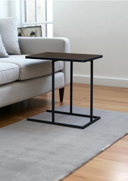 Dekoratif Siyah Metal Yan Sehpa Ahşap Raflı Koltuk Yanı Servis Sehpası Çok Amaçlı Zigon C Sehpa