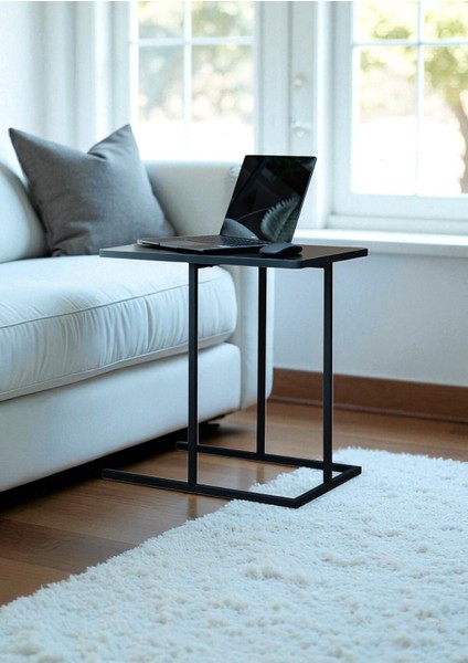 Dekoratif Siyah Metal Yan Sehpa Ahşap Raflı Koltuk Yanı Servis Sehpası Çok Amaçlı Zigon C Sehpa