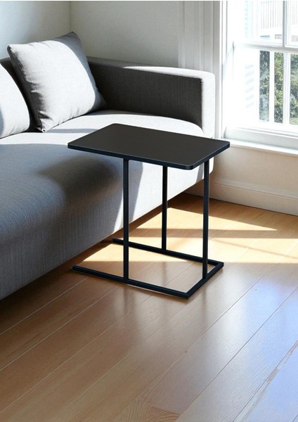 Dekoratif Siyah Metal Yan Sehpa Ahşap Raflı Koltuk Yanı Servis Sehpası Çok Amaçlı Zigon C Sehpa