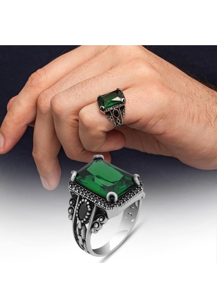 Yeşil Taşlı 925 Gümüş Serçe Parmak Erkek Yüzük