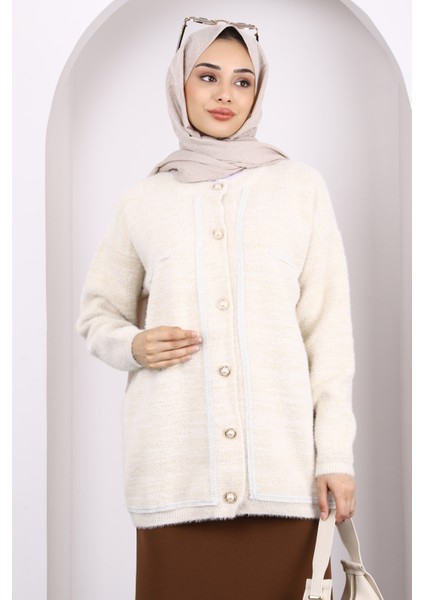 Krem Simli Düğmeli Angora Triko Hırka modelleri