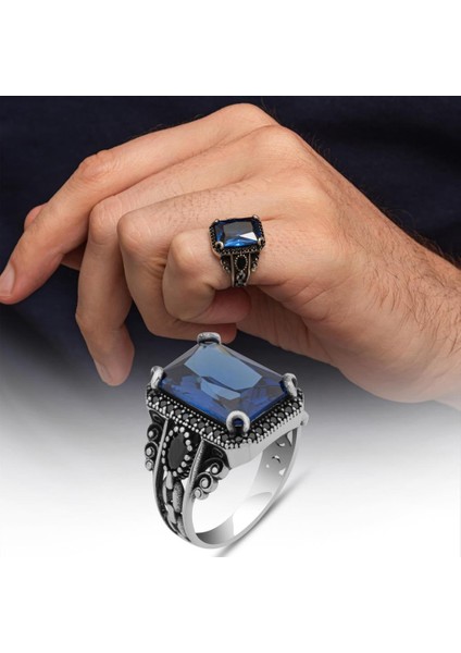 Lacivert Taşlı 925 Gümüş Serçe Parmak Erkek Yüzük