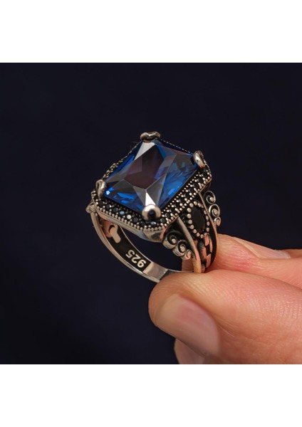 Lacivert Taşlı 925 Gümüş Serçe Parmak Erkek Yüzük modelleri