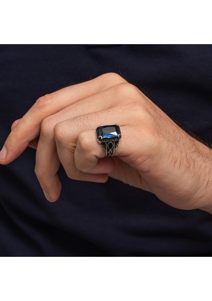 Lacivert Taşlı 925 Gümüş Serçe Parmak Erkek Yüzük indirimleri
