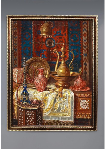 Dekoratif Modern Çerçeveli Otantik Ibrik ve Nargile Desenli Duvar Tablosu 50X70CM