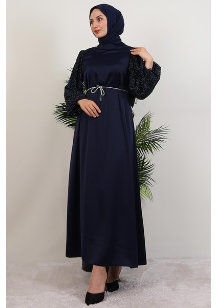 Kolu Desenli Elbise Lacivert