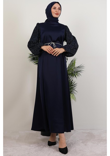 Kolu Desenli Elbise Lacivert modelleri