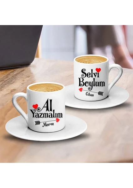 Selvi Boylum Al Yazmalım Ikili Türk Kahve Fincan Takımı