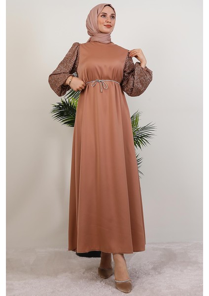 Kolu Desenli Elbise Sütlükahve