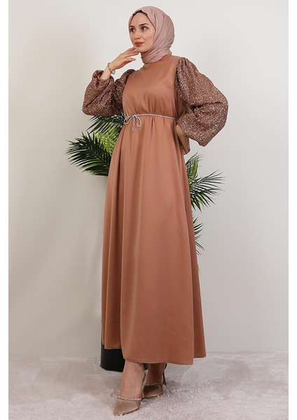 Kolu Desenli Elbise Sütlükahve modelleri